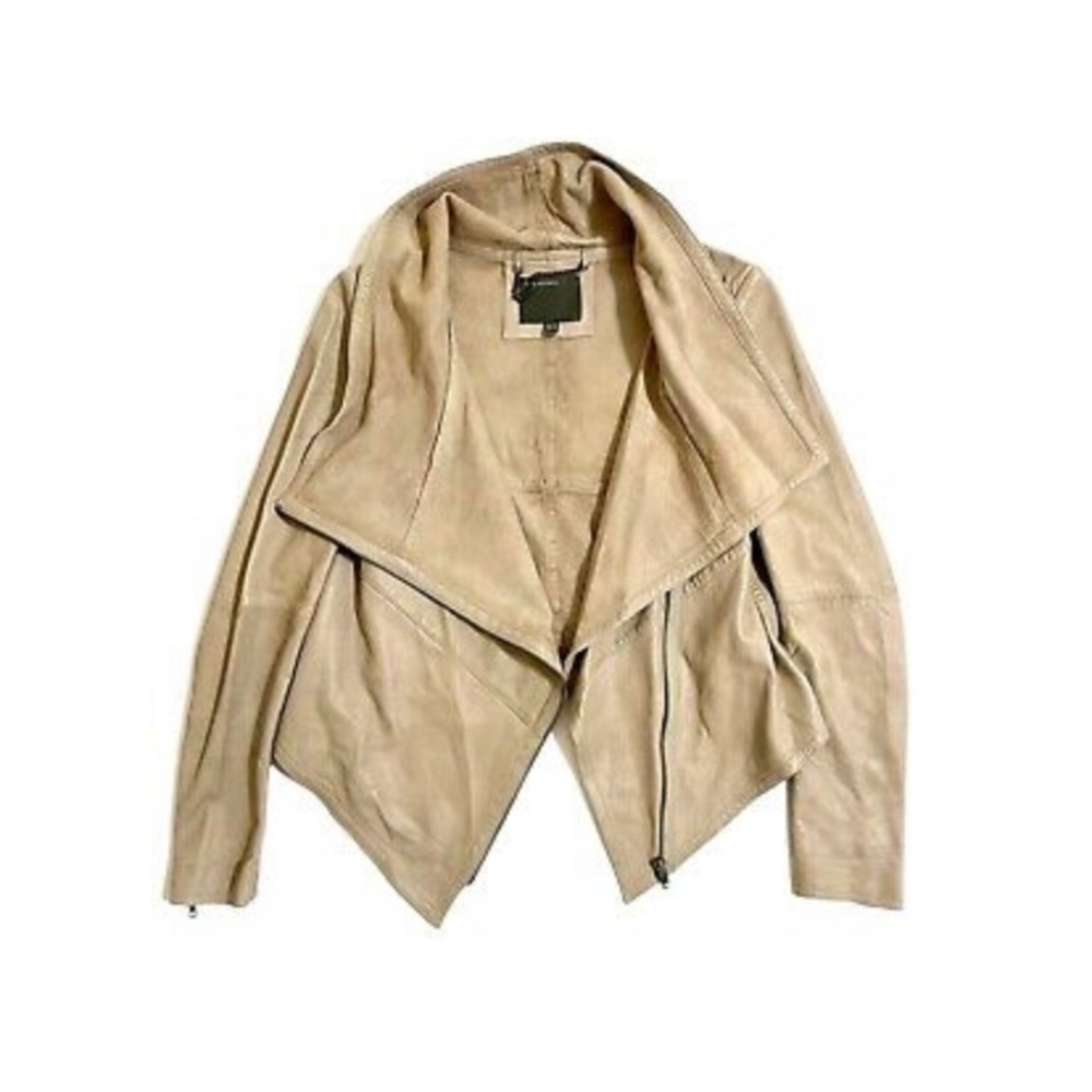 MUUBAA Sabina Drizzle Drape Cardi Lambskin Beige taupe Leather Jacket